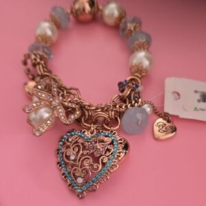 Betsey Johnson Rose Gold Heart Charm Bracelet